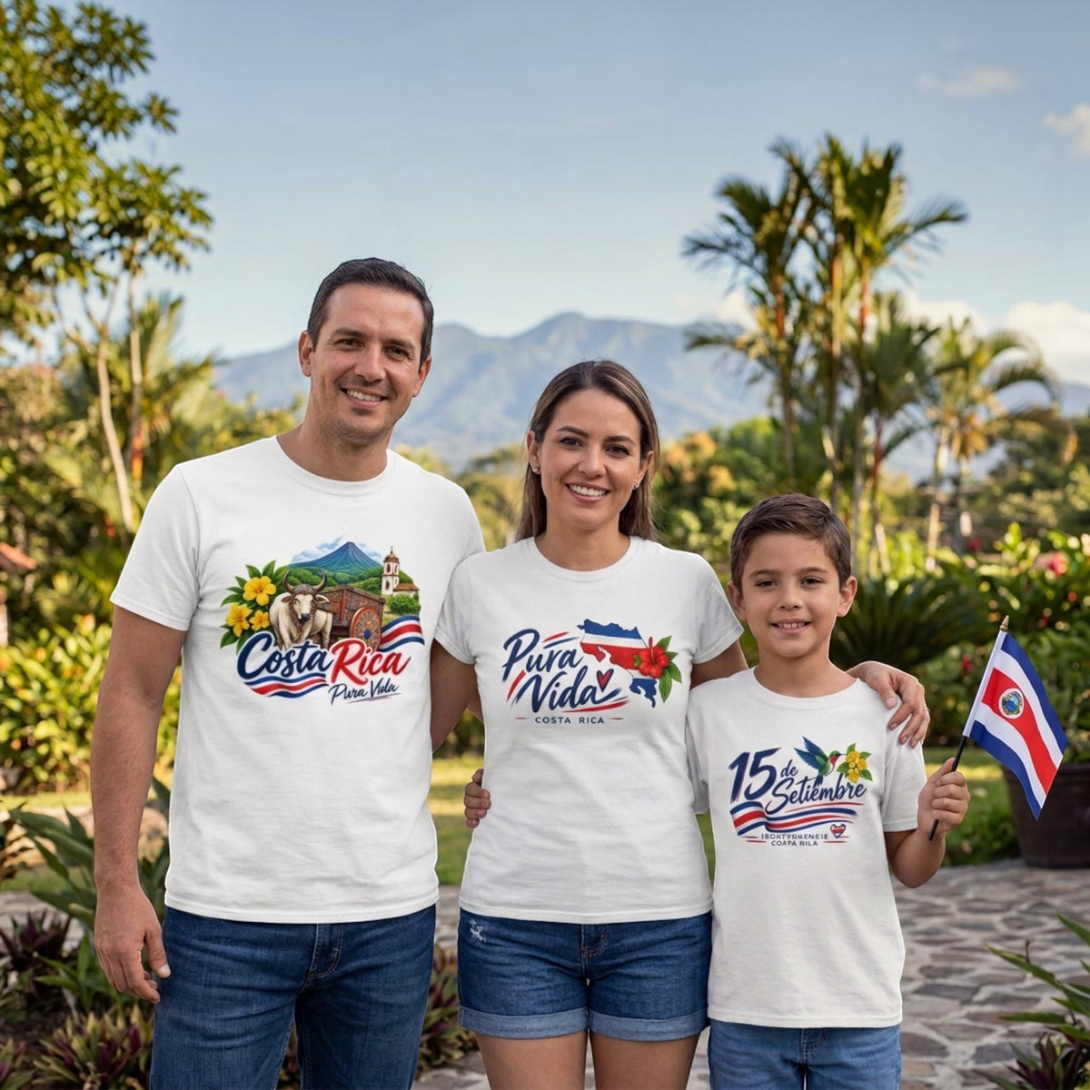 The Beauty Closet family wearing white Costa Rica themed graphic t-shirts with tropical designs and flag motifs.