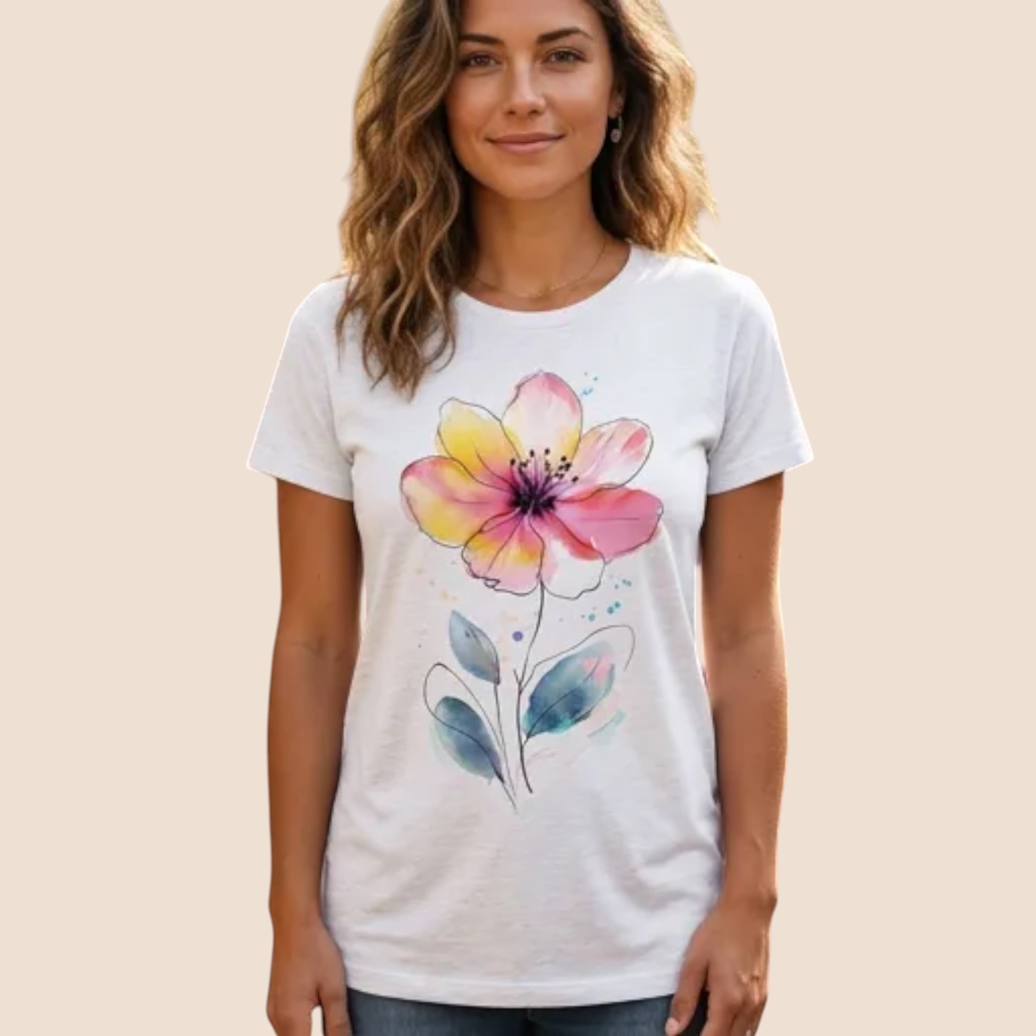 The Beauty Closet cream cotton t-shirt featuring a colorful watercolor flower graphic, worn by a smiling woman outdoors.