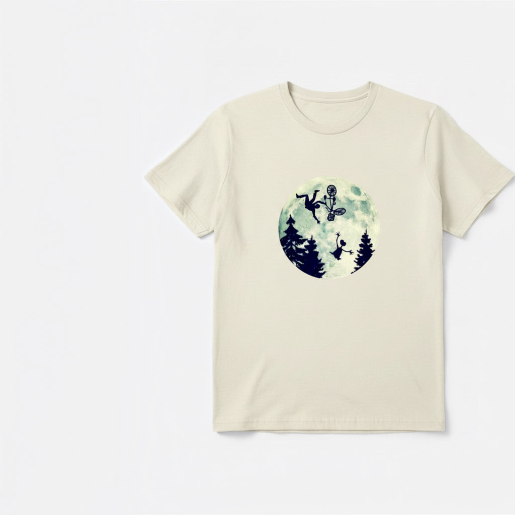 The Beauty Closet cream t-shirt featuring a circular graphic of a silhouette of a person on a bicycle flying past a moon