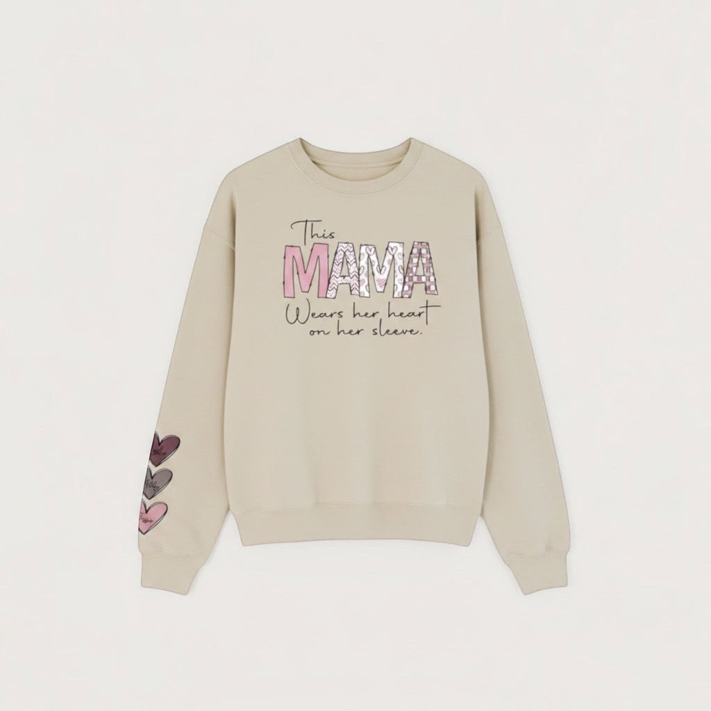 The Beauty Closet cream crewneck sweatshirt with Mama graphic print and heart sleeve details