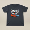The Beauty Closet dark grey t-shirt featuring a colorful Cuphead and Mugman graphic print on the front.