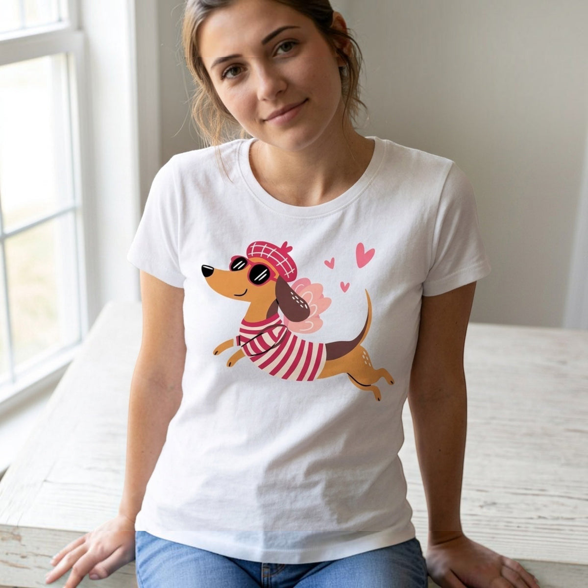 The Beauty Closet white cotton t-shirt featuring a cute dachshund in a beret and striped shirt with pink hearts.