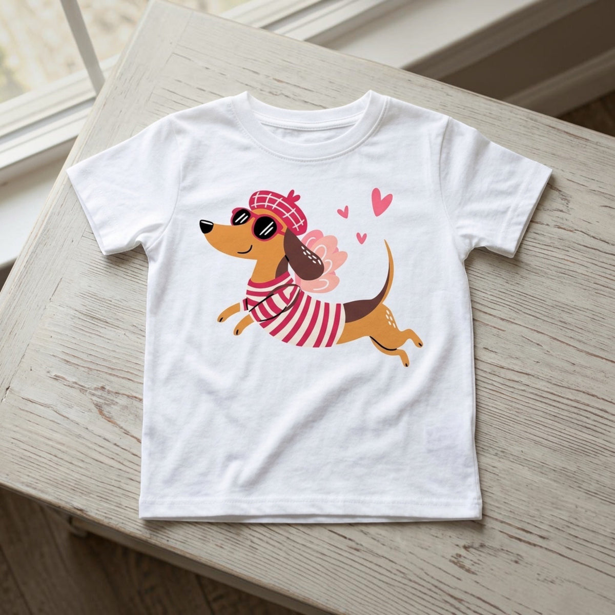 The Beauty Closet white cotton t-shirt featuring a cute dachshund wearing a beret and striped shirt with sunglasses