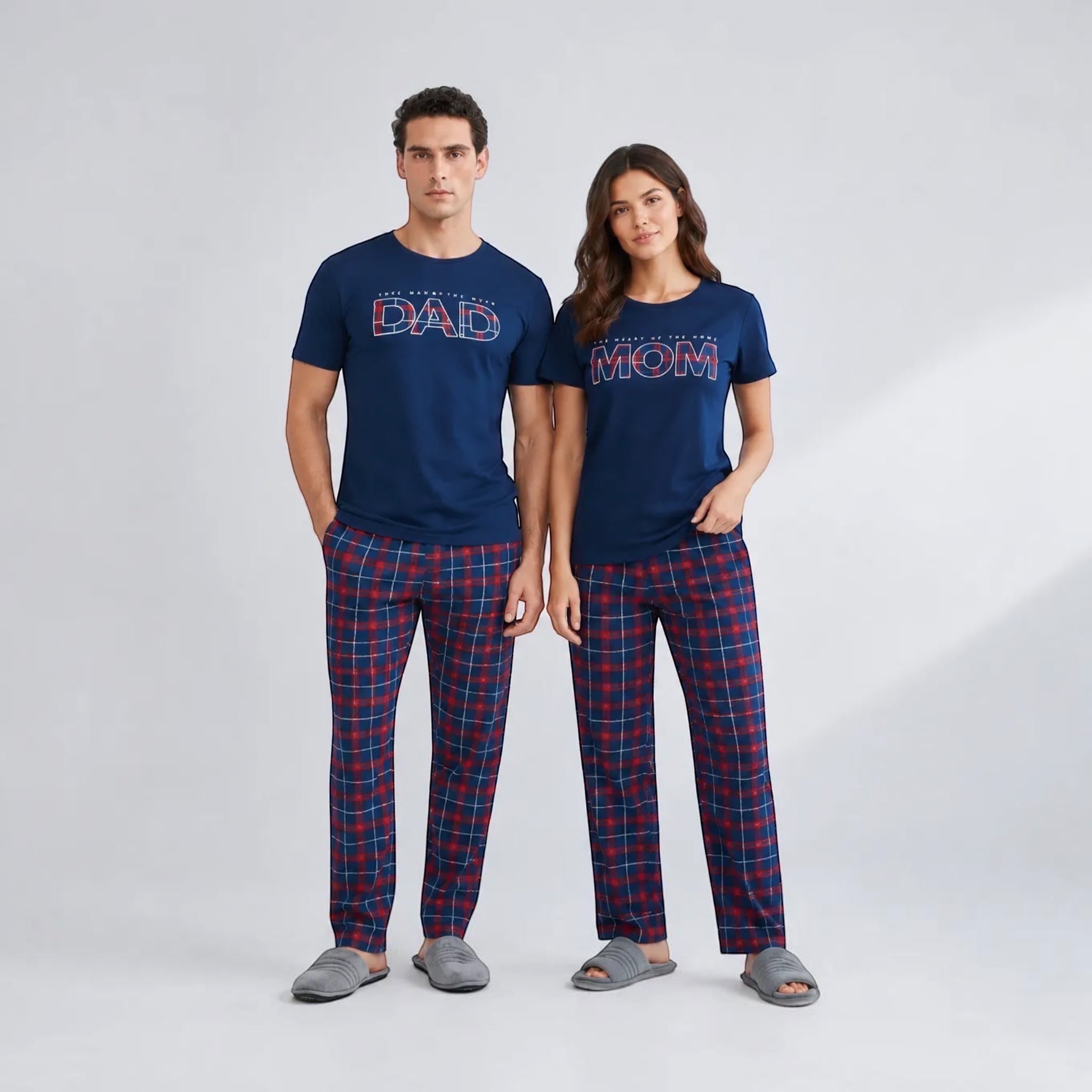 The Beauty Closet navy blue cotton t-shirts with "DAD" and "MOM" text in plaid, paired with matching plaid pants.