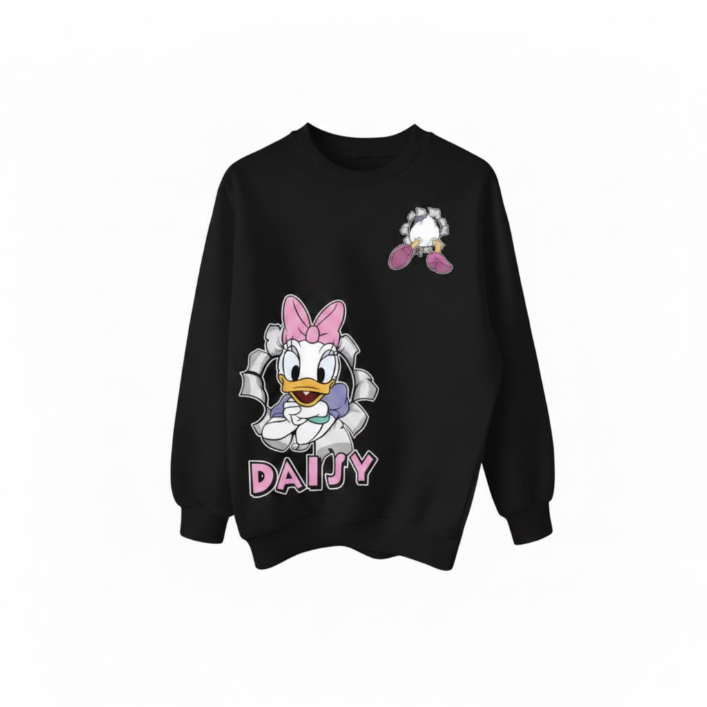 The Beauty Closet black sweatshirt featuring a Daisy Duck graphic with a 3D-style torn paper effect and pink lettering.