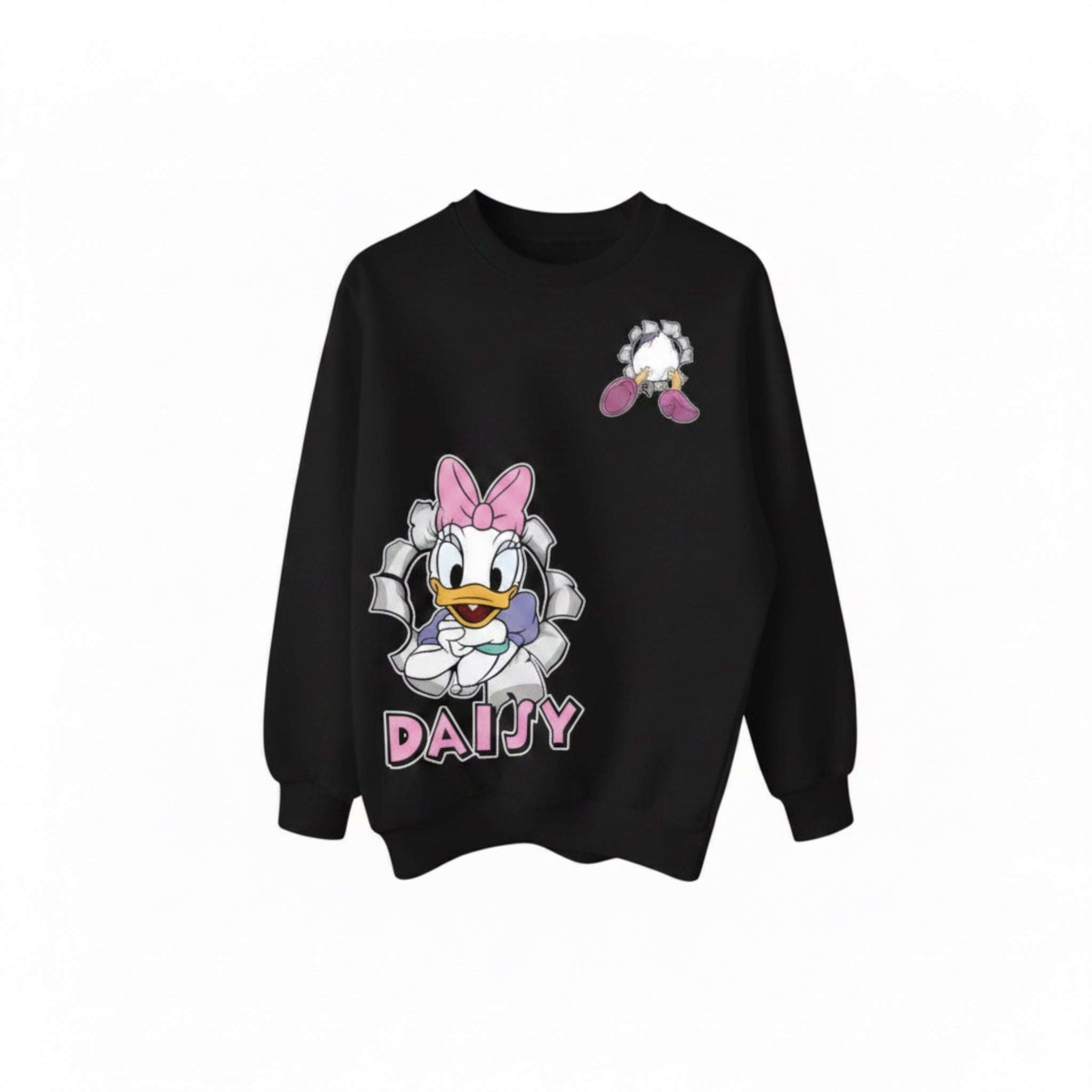 The Beauty Closet black sweatshirt featuring a Daisy Duck graphic with a 3D-style torn paper effect and pink lettering.