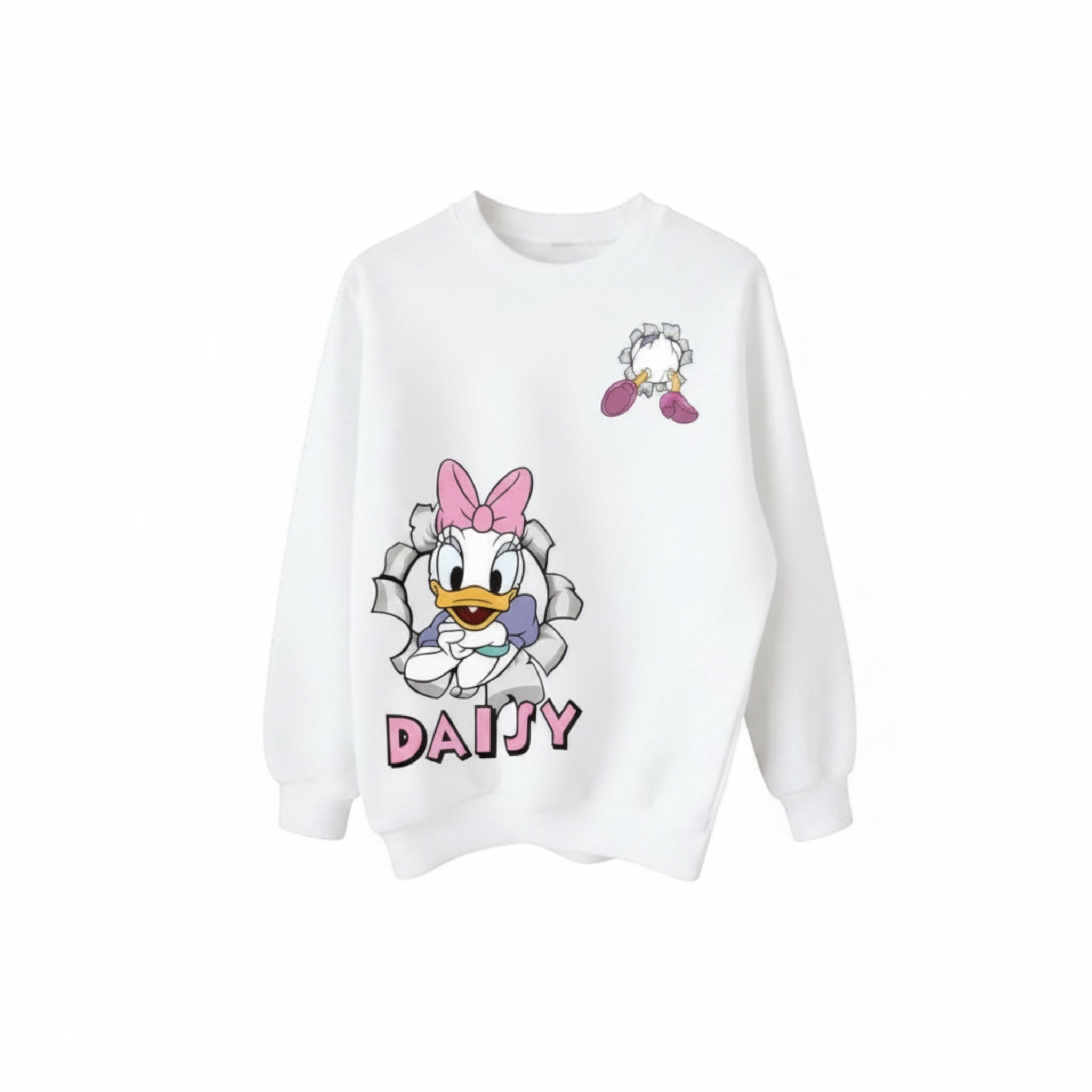 The Beauty Closet white sweatshirt featuring a Daisy Duck graphic emerging from a torn paper effect design.