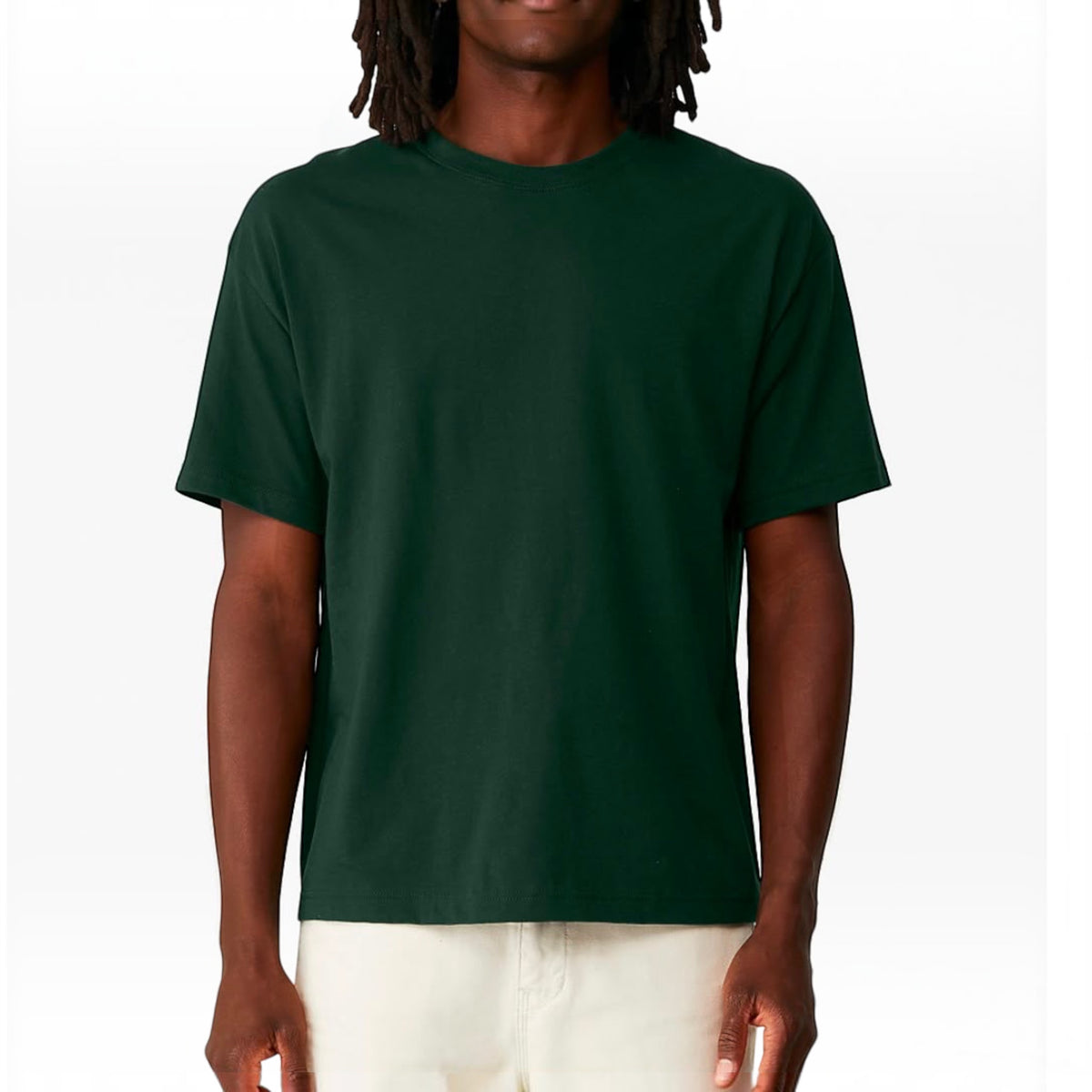 The Beauty Closet dark green short sleeve crewneck t-shirt worn by a man with dreadlocks against a white background.
