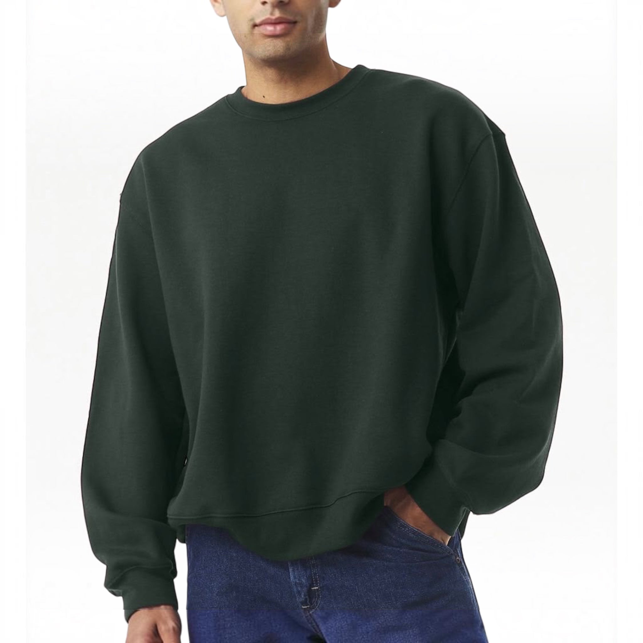 The Beauty Closet unisex dark green fleece crewneck sweatshirt with a relaxed fit worn with blue jeans.