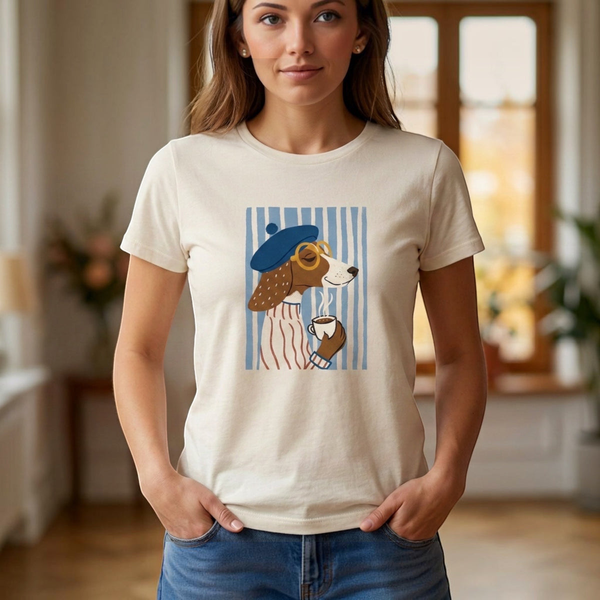 The Beauty Closet cream cotton t-shirt featuring a cute dog illustration wearing a beret and glasses drinking coffee.