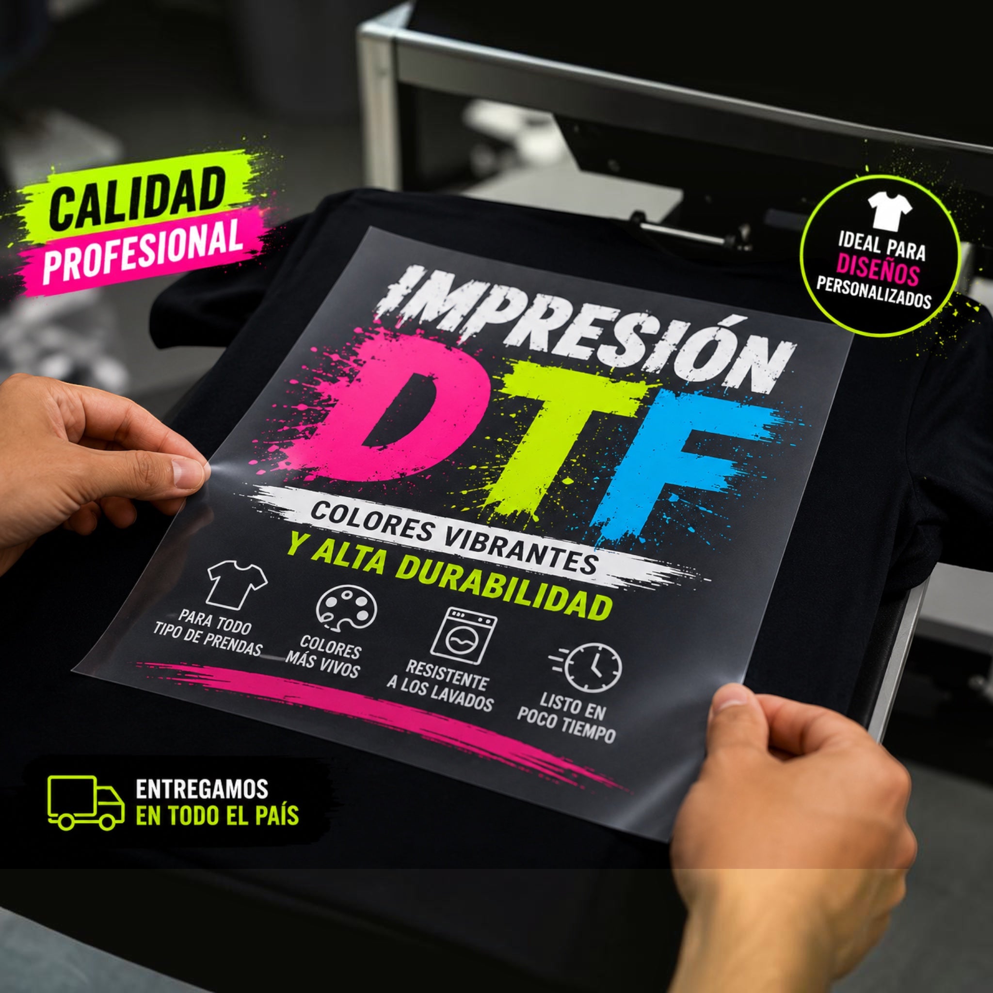 The Beauty Closet DTF heat transfer film with vibrant multi-color graphic print being applied to a black cotton t-shirt
