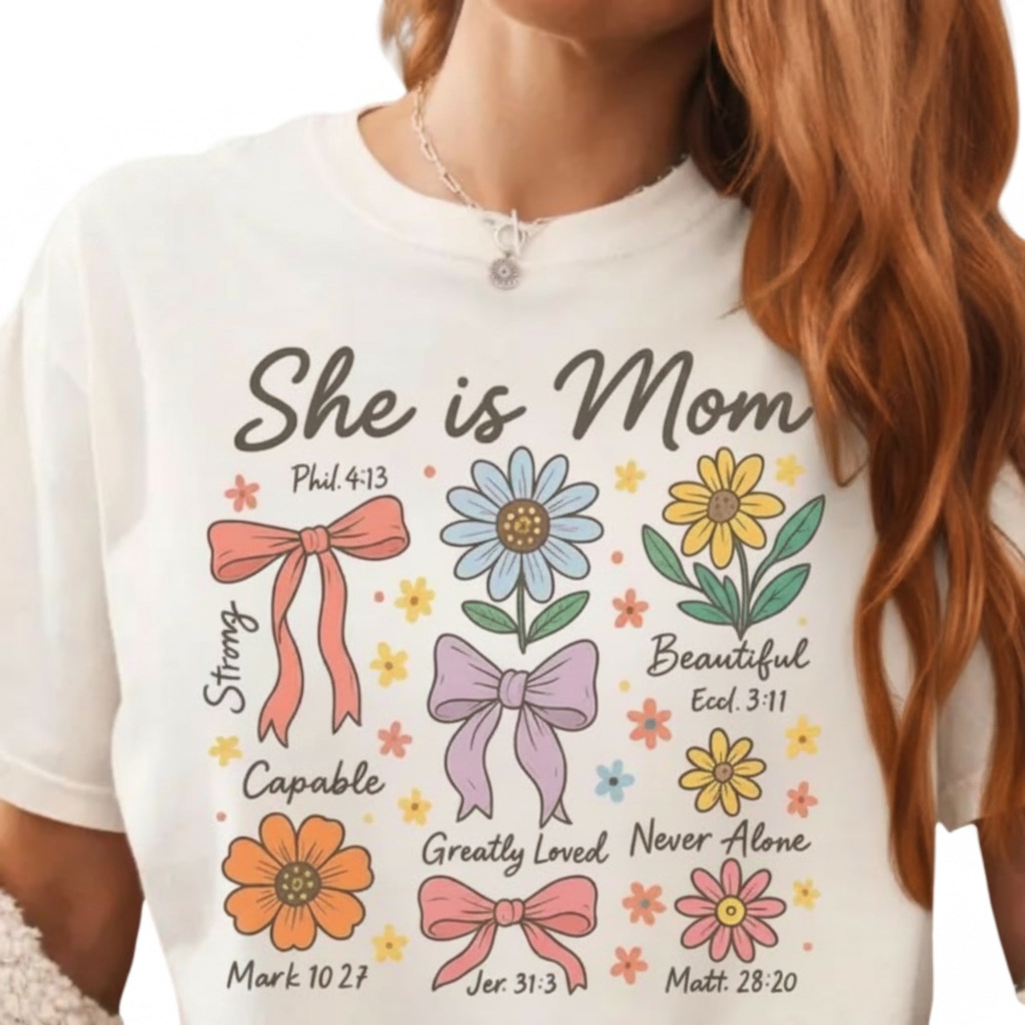 The Beauty Closet white cotton t-shirt featuring colorful floral and ribbon illustrations with inspirational Bible verses.
