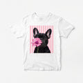 The Beauty Closet white cotton t-shirt featuring a graphic of a French Bulldog holding a pink flower on striped background