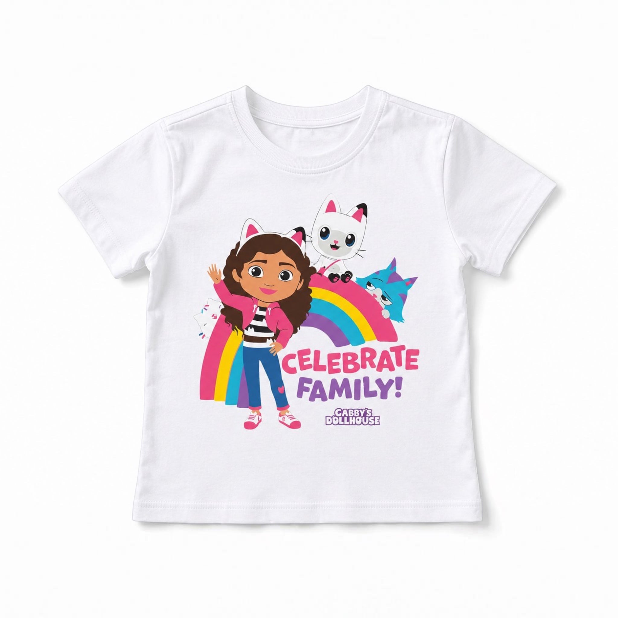 The Beauty Closet white cotton t-shirt with Gabby's Dollhouse characters and rainbow graphic. Features Gabby, Pandy Paws, and CatRat.