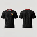 The Beauty Closet Germany soccer jersey with black brushstroke pattern and red collar. Front and back view.