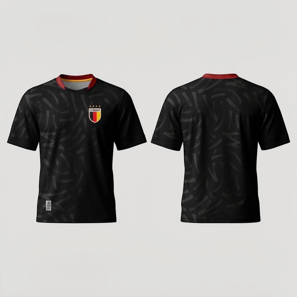 The Beauty Closet Germany soccer jersey with black brushstroke pattern and red collar. Front and back view.