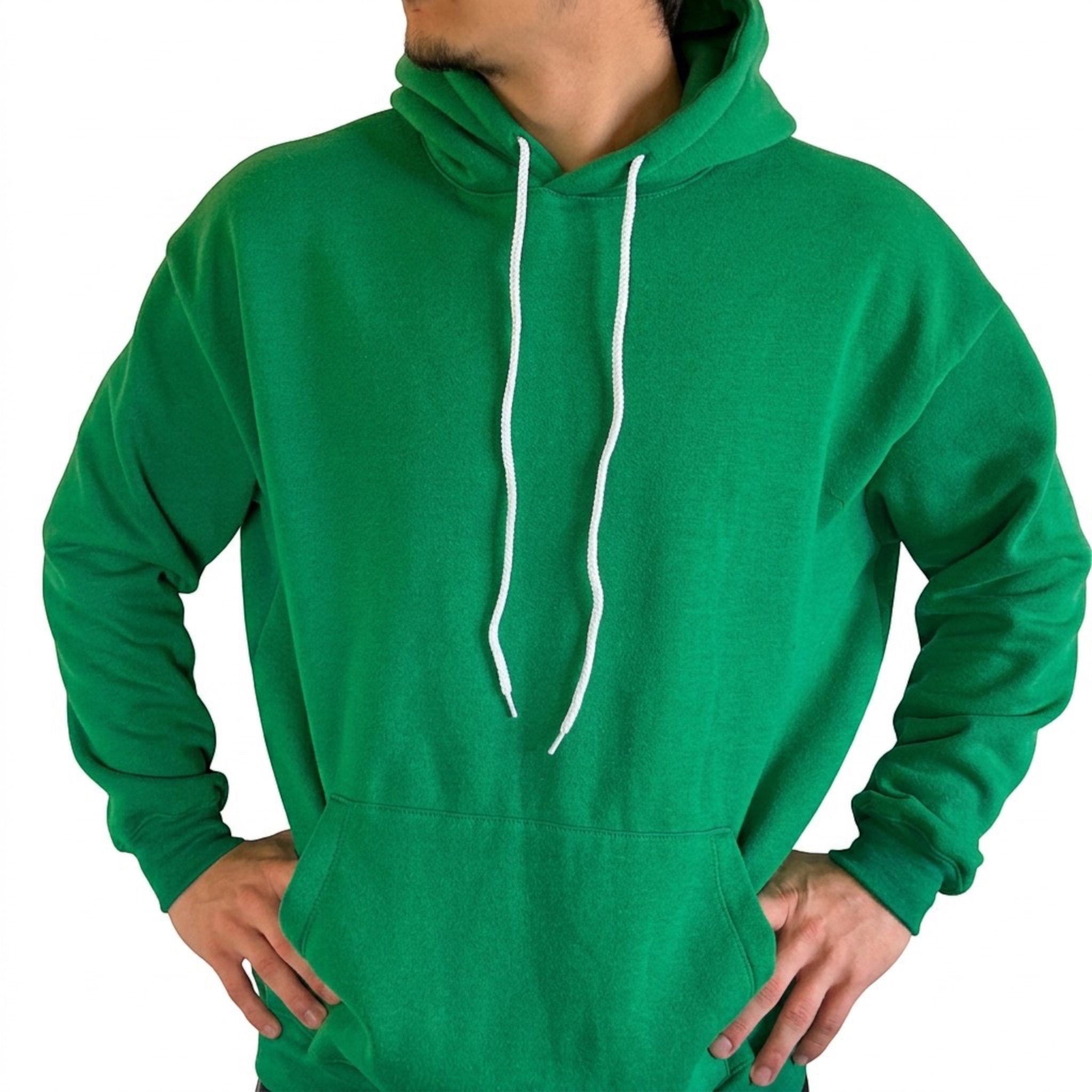 The Beauty Closet green pullover hoodie with a drawstring hood and kangaroo pocket worn by a man