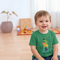 Toddler wearing a green The Beauty Closet t-shirt with a colorful animal stack print of an elephant, lion, and toucan