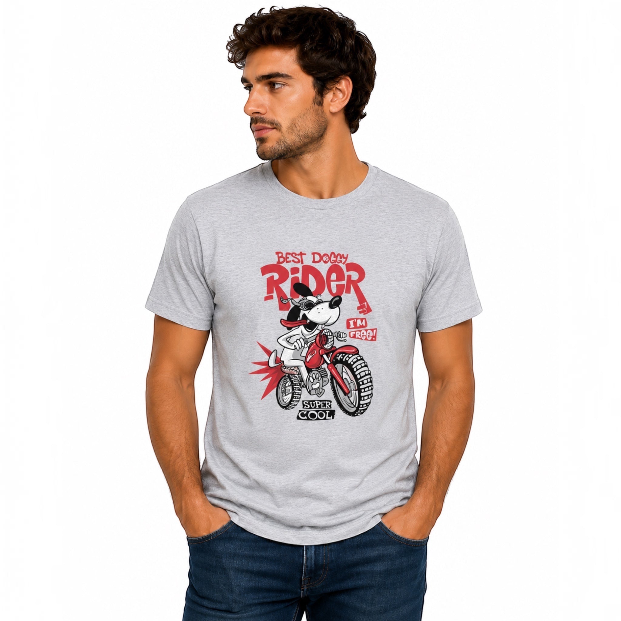 The Beauty Closet grey crew neck t-shirt featuring a graphic print of a dog riding a motorcycle