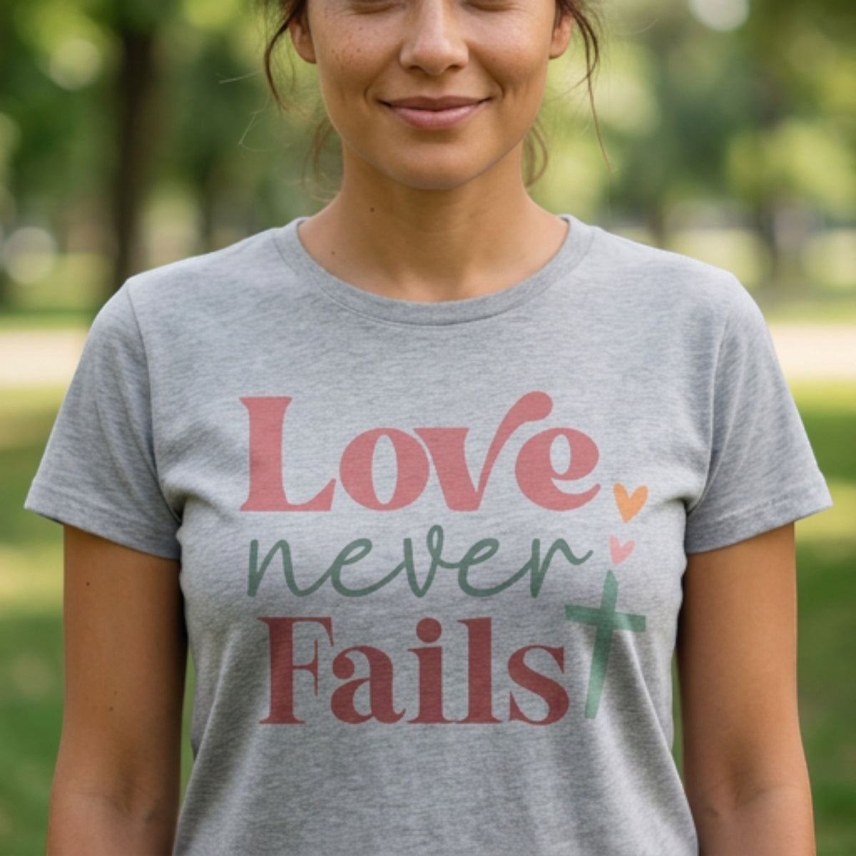 The Beauty Closet grey cotton t-shirt featuring Love Never Fails graphic print in red and green typography