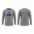 The Beauty Closet grey long sleeve t-shirt with blue business logo and vertical reflective stripes on front and back.