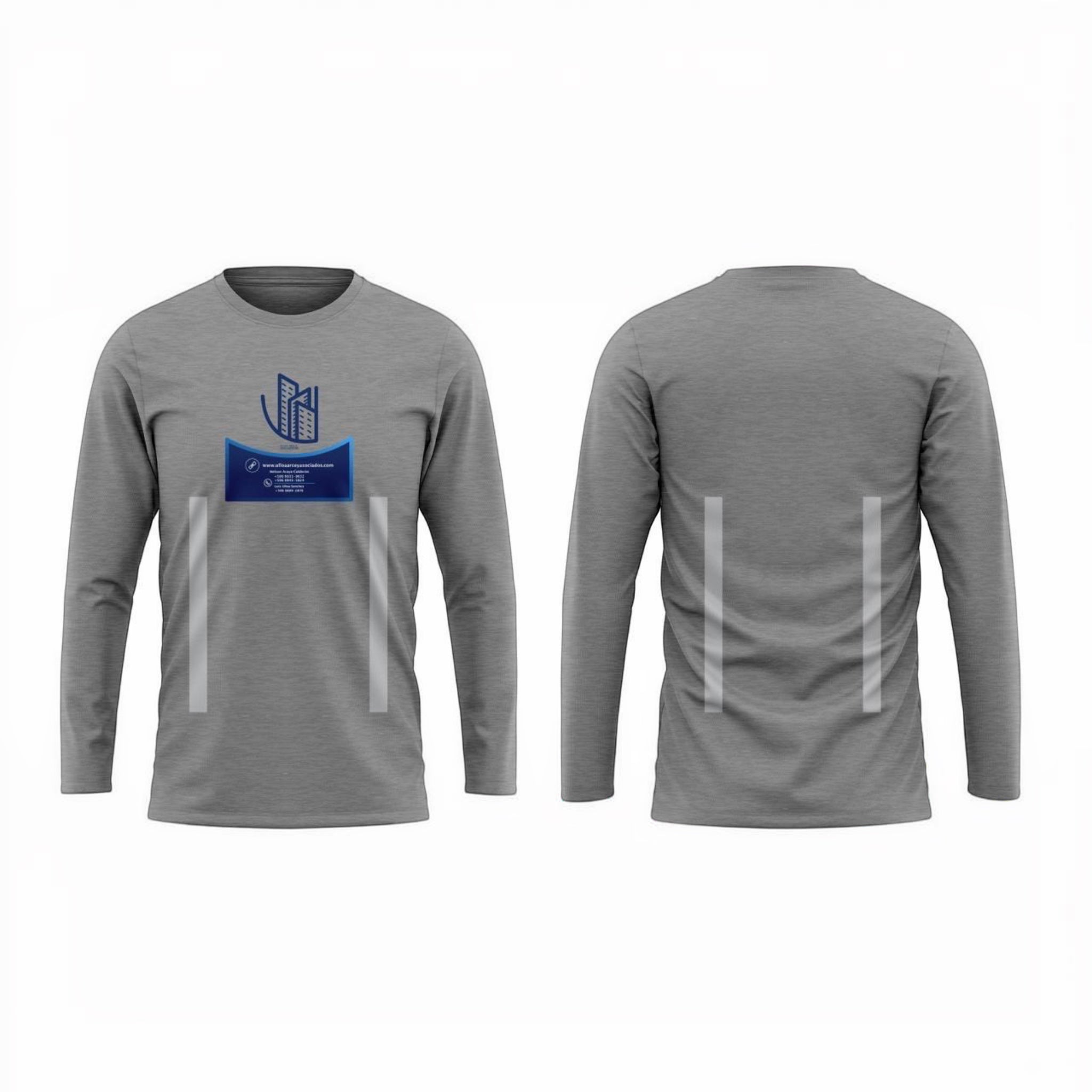 The Beauty Closet grey long sleeve t-shirt with blue business logo and vertical reflective stripes on front and back.