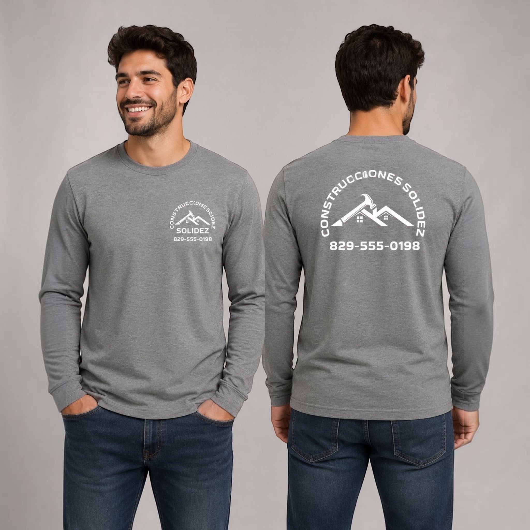 The Beauty Closet grey long sleeve t-shirt with white "Construcciones Solidez" logo on back.
