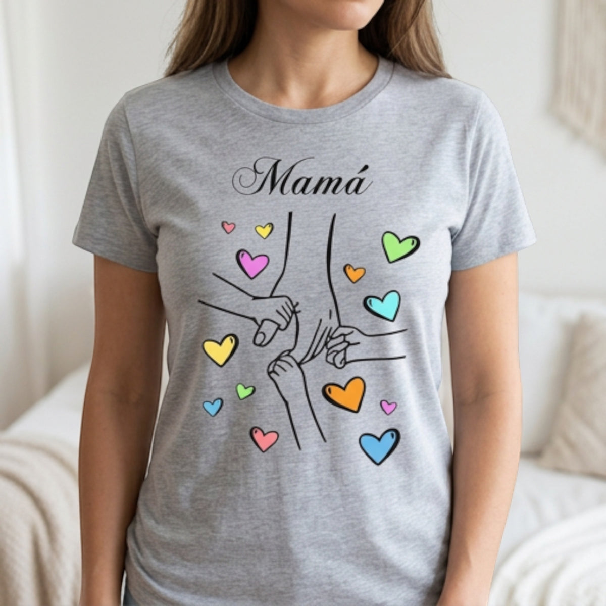 The Beauty Closet grey cotton crewneck t-shirt featuring a Mama graphic with colorful heart illustrations.