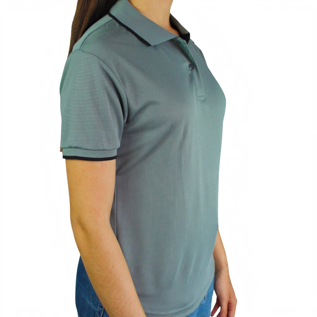 The Beauty Closet grey short sleeve polo shirt with a fine micro-check pattern, collar, and button placket.
