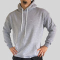 The Beauty Closet grey pullover hoodie with drawstring hood, kangaroo pocket, and ribbed cuffs on a male model.