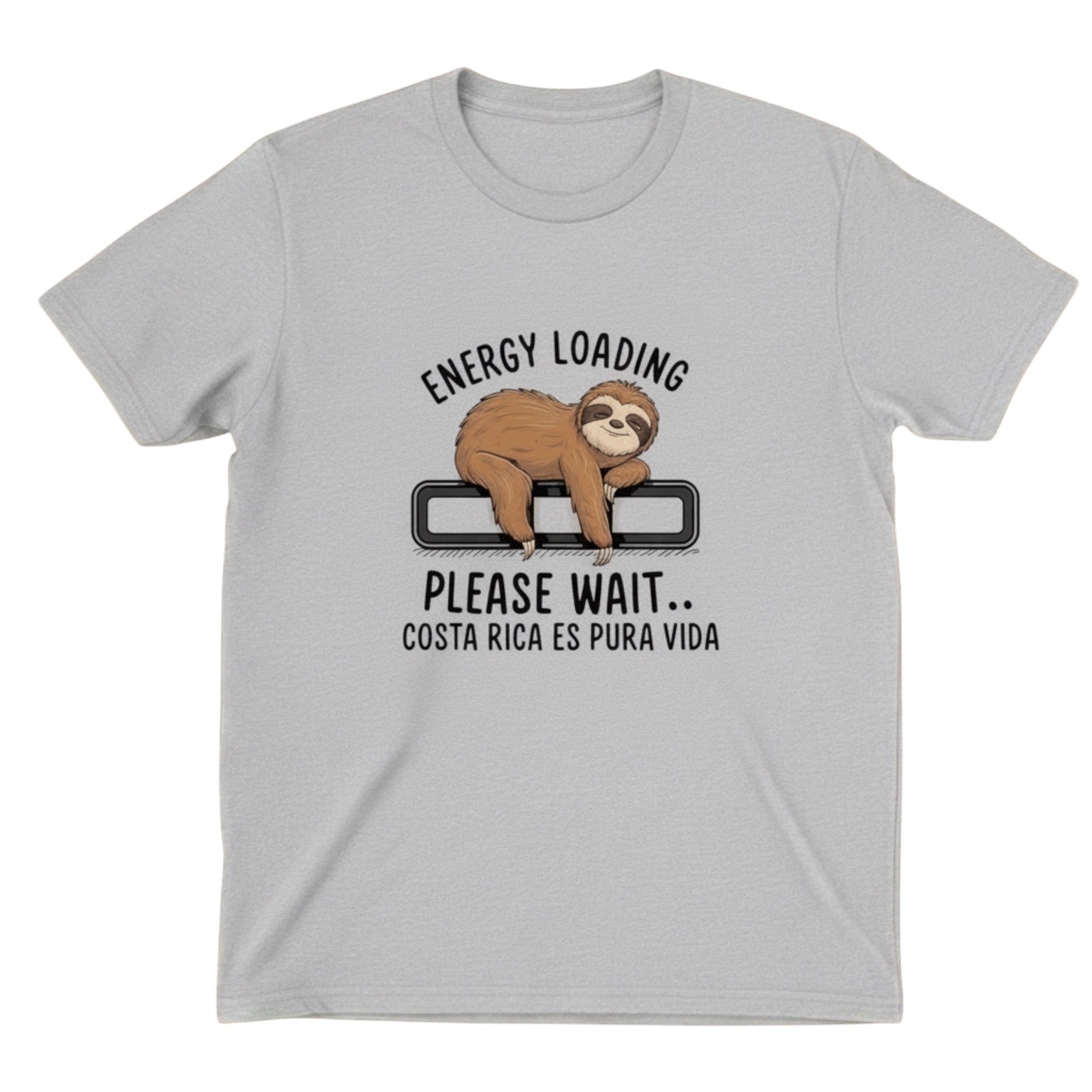 The Beauty Closet grey graphic t-shirt featuring a sloth illustration with the text Energy Loading Please Wait