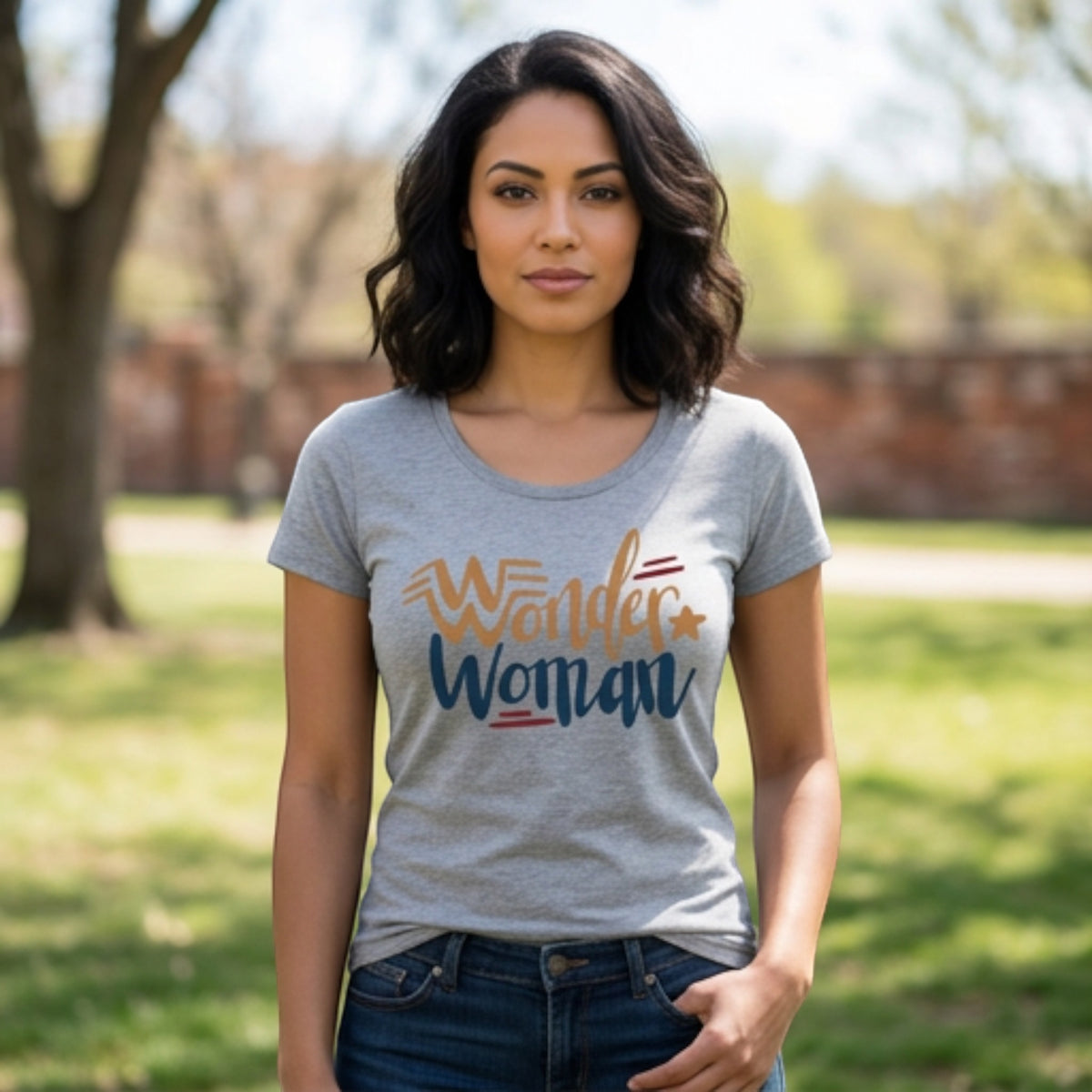 A woman wearing a grey The Beauty Closet crewneck t-shirt with Wonder Woman graphic print in blue and gold text
