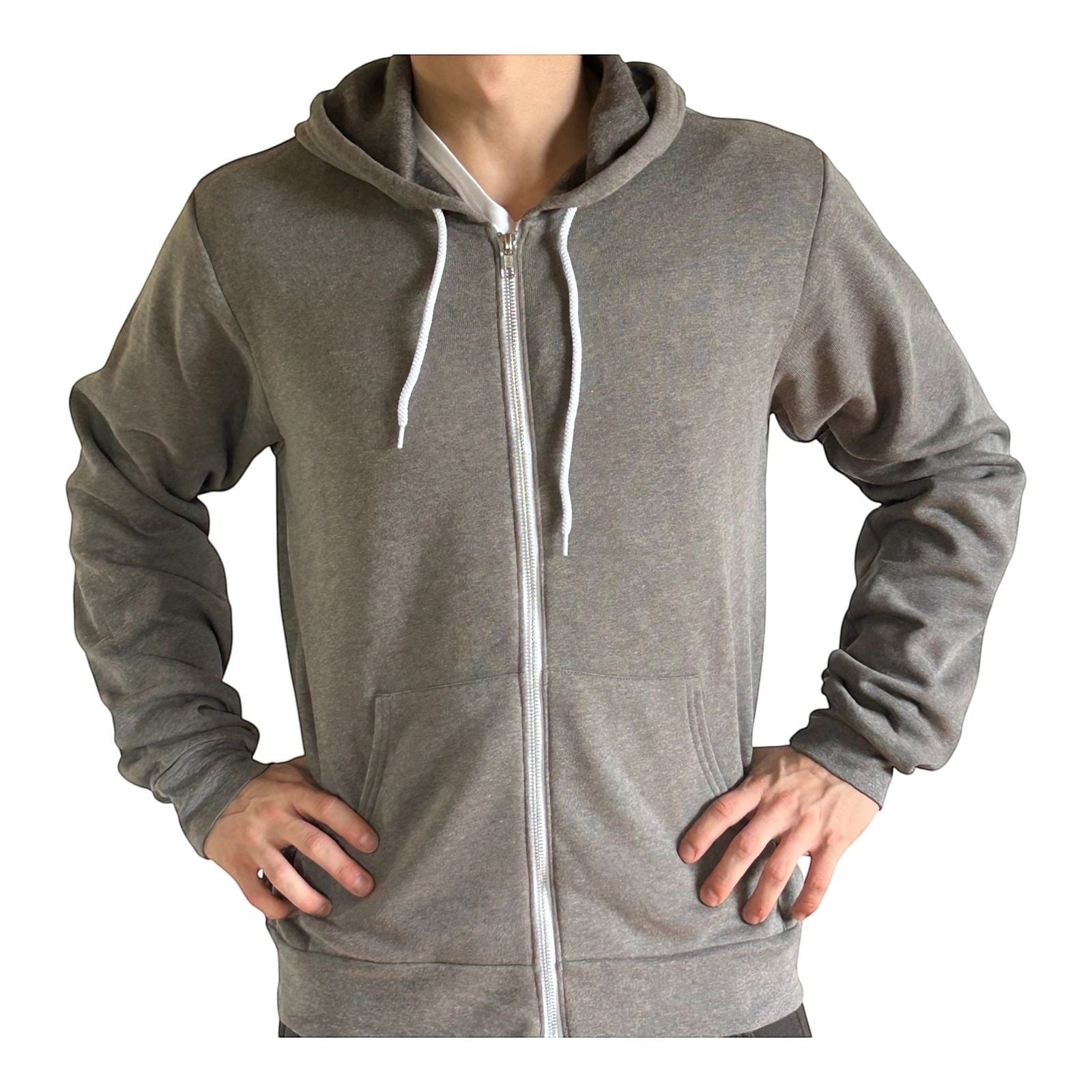 The Beauty Closet heathered grey zip-up hoodie with drawstring hood and kangaroo pocket.