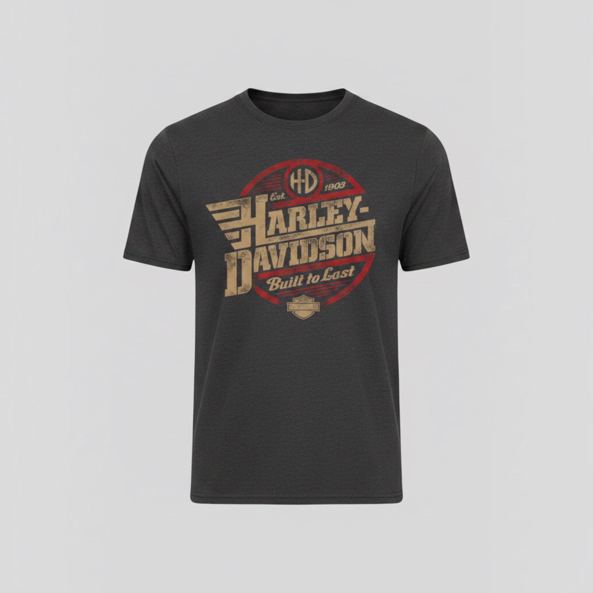The Beauty Closet charcoal grey Harley-Davidson graphic t-shirt with distressed vintage red and beige logo print