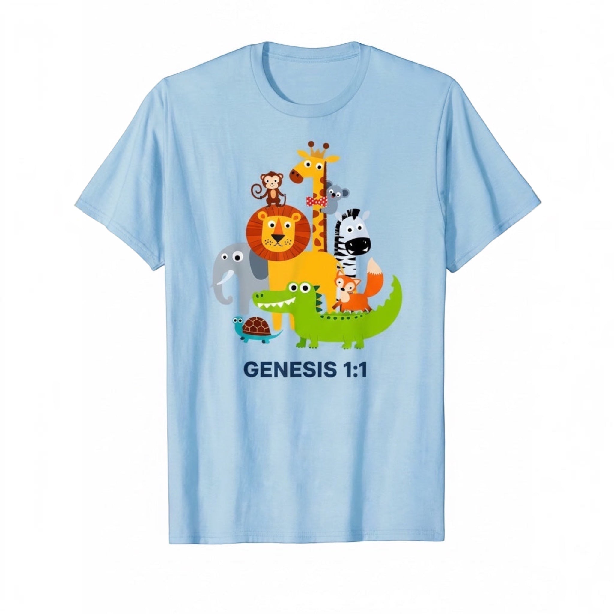 The Beauty Closet light blue kids t-shirt featuring a colorful cartoon animal stack print and Genesis 1:1 text