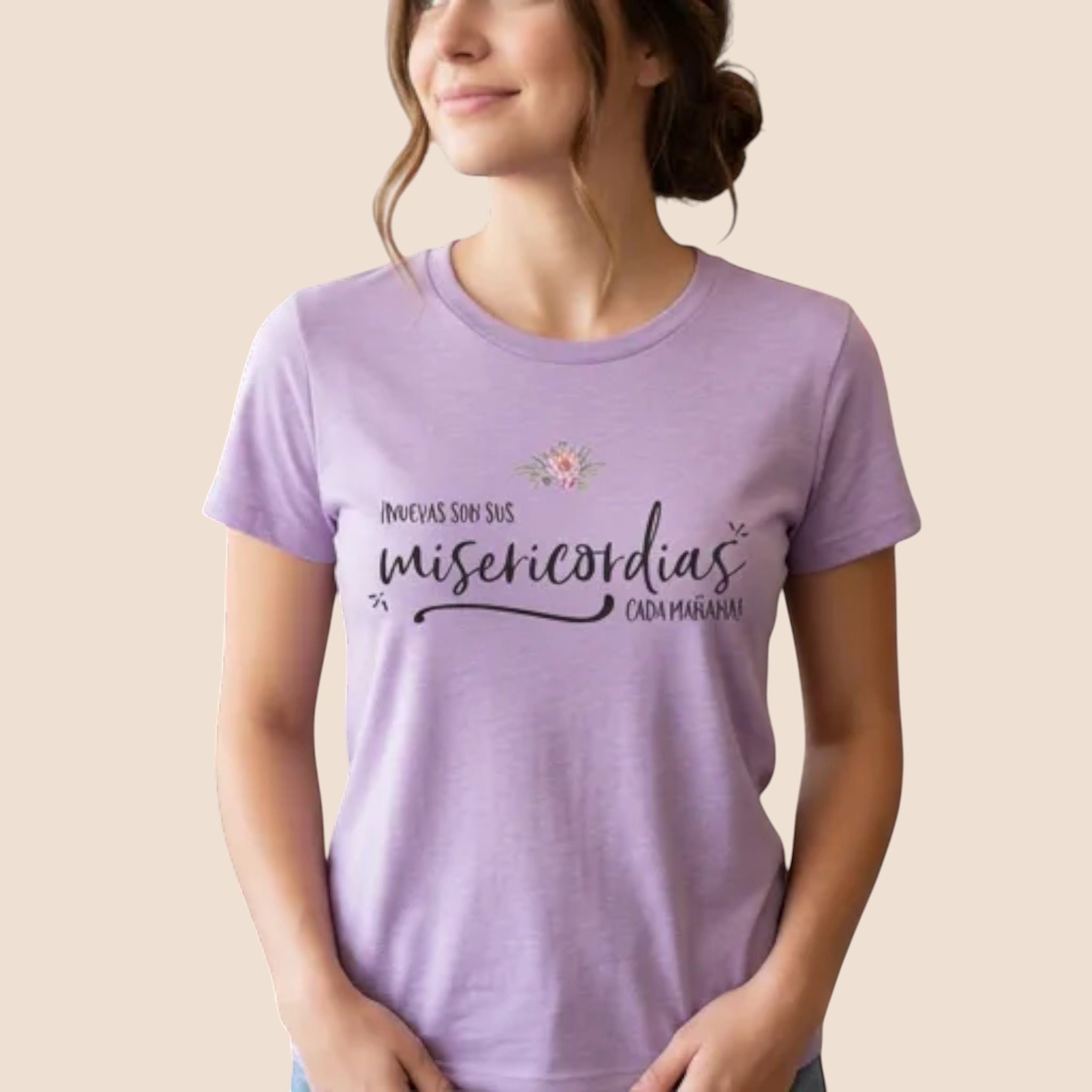 The Beauty Closet lavender short-sleeve crewneck t-shirt with floral graphic and Spanish typography print.
