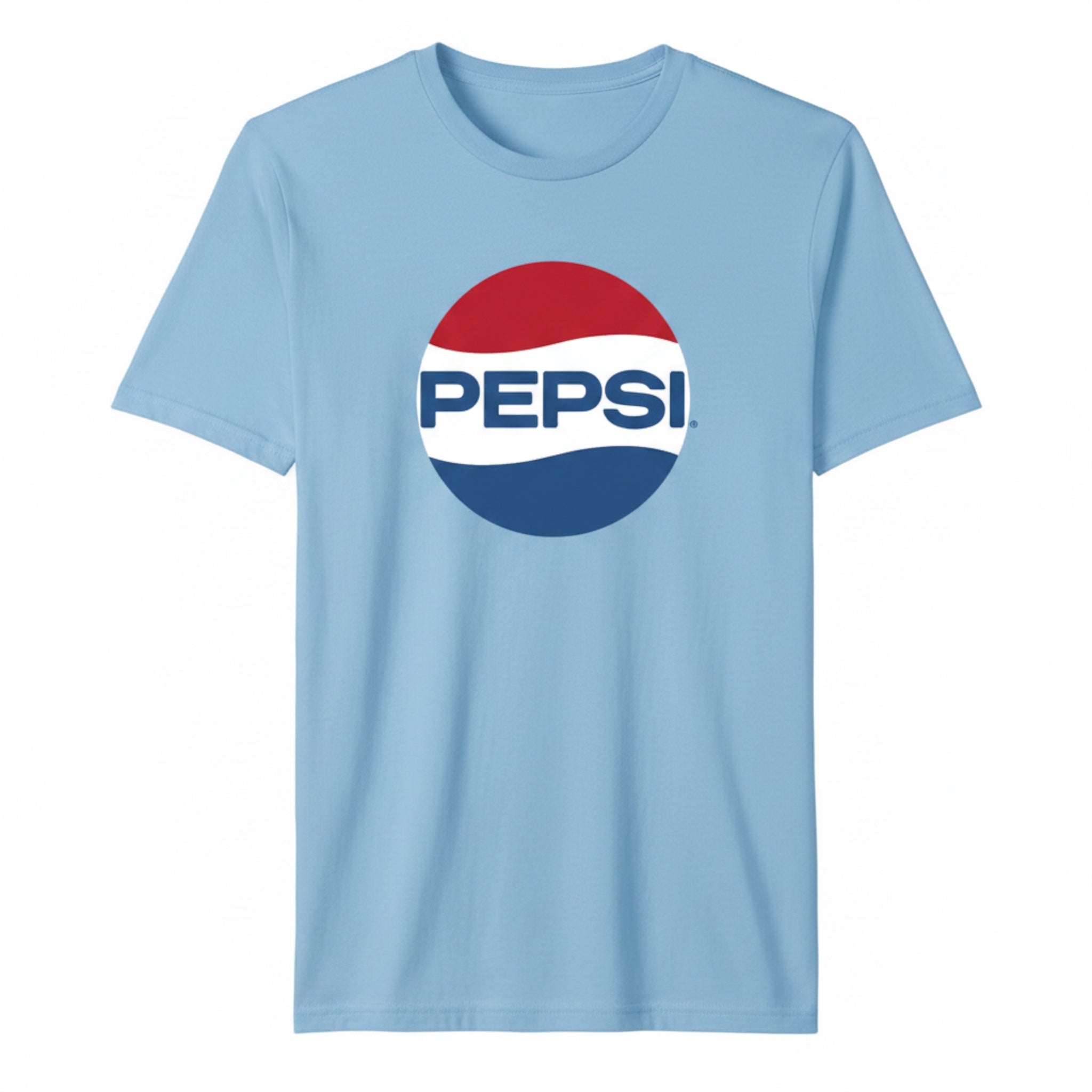 The Beauty Closet light blue crew neck t-shirt featuring a classic Pepsi logo graphic on the chest.