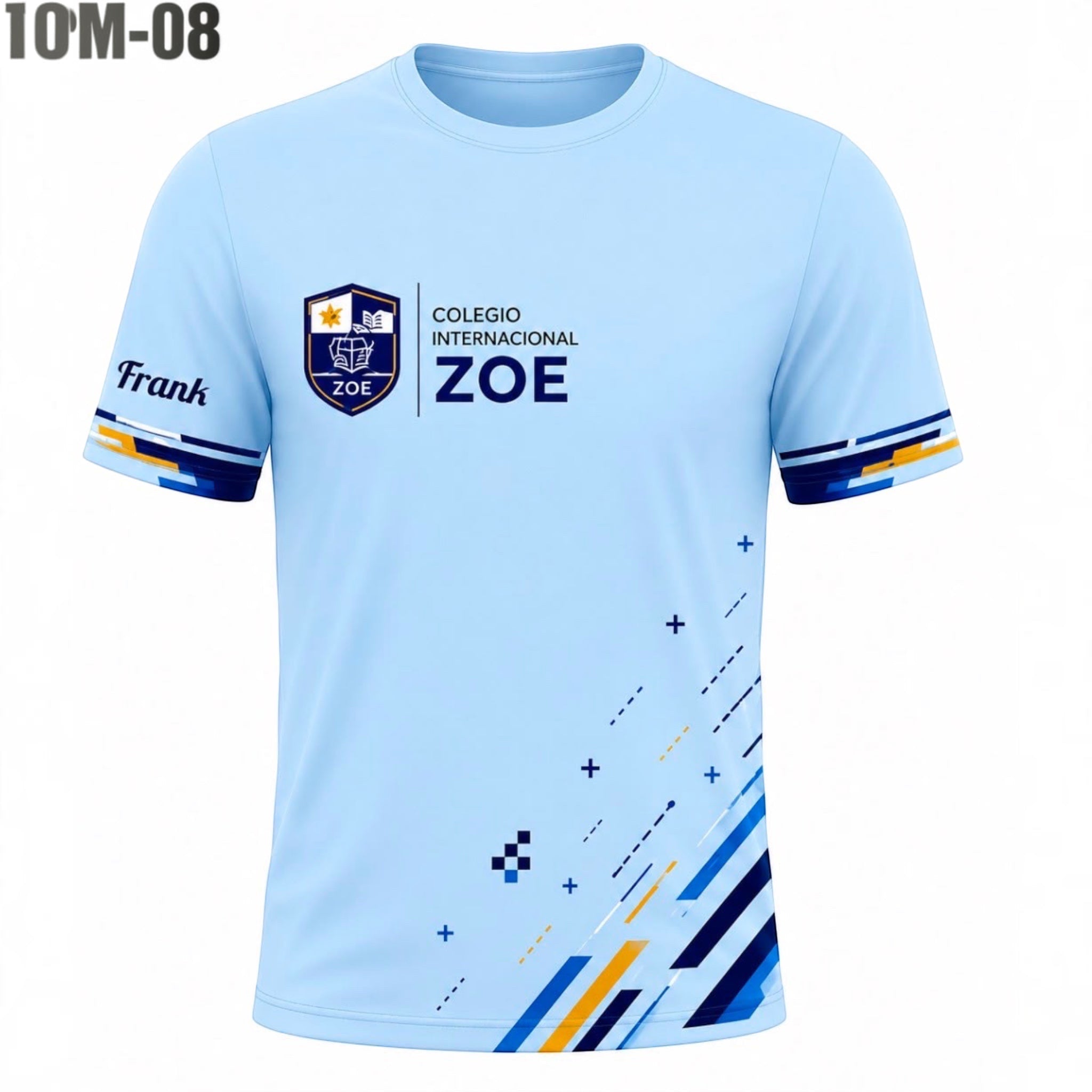 The Beauty Closet light blue short-sleeve sports jersey with Colegio Internacional ZOE logo and geometric accents