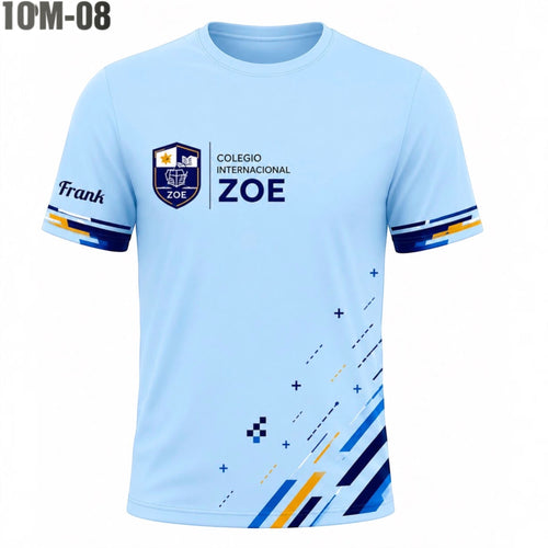 The Beauty Closet light blue short-sleeve sports jersey with Colegio Internacional ZOE logo and geometric accents