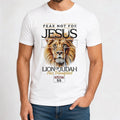 The Beauty Closet white cotton t-shirt with a graphic of a lion's head and text "FEAR NOT FOR JESUS LION OF JUDAH HAS TRIUMPHED REVELATION 5:5".