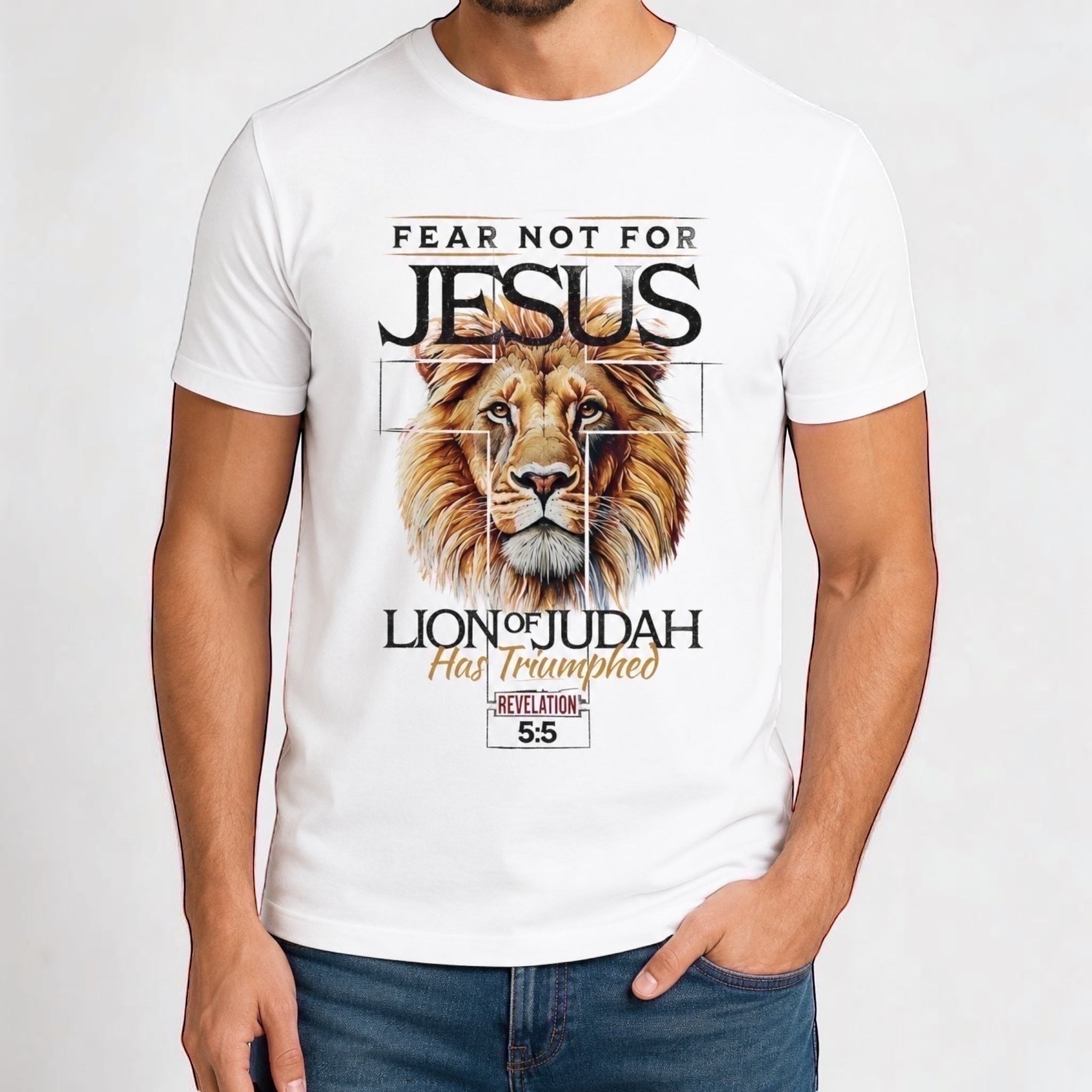 The Beauty Closet white cotton t-shirt with a graphic of a lion's head and text "FEAR NOT FOR JESUS LION OF JUDAH HAS TRIUMPHED REVELATION 5:5".