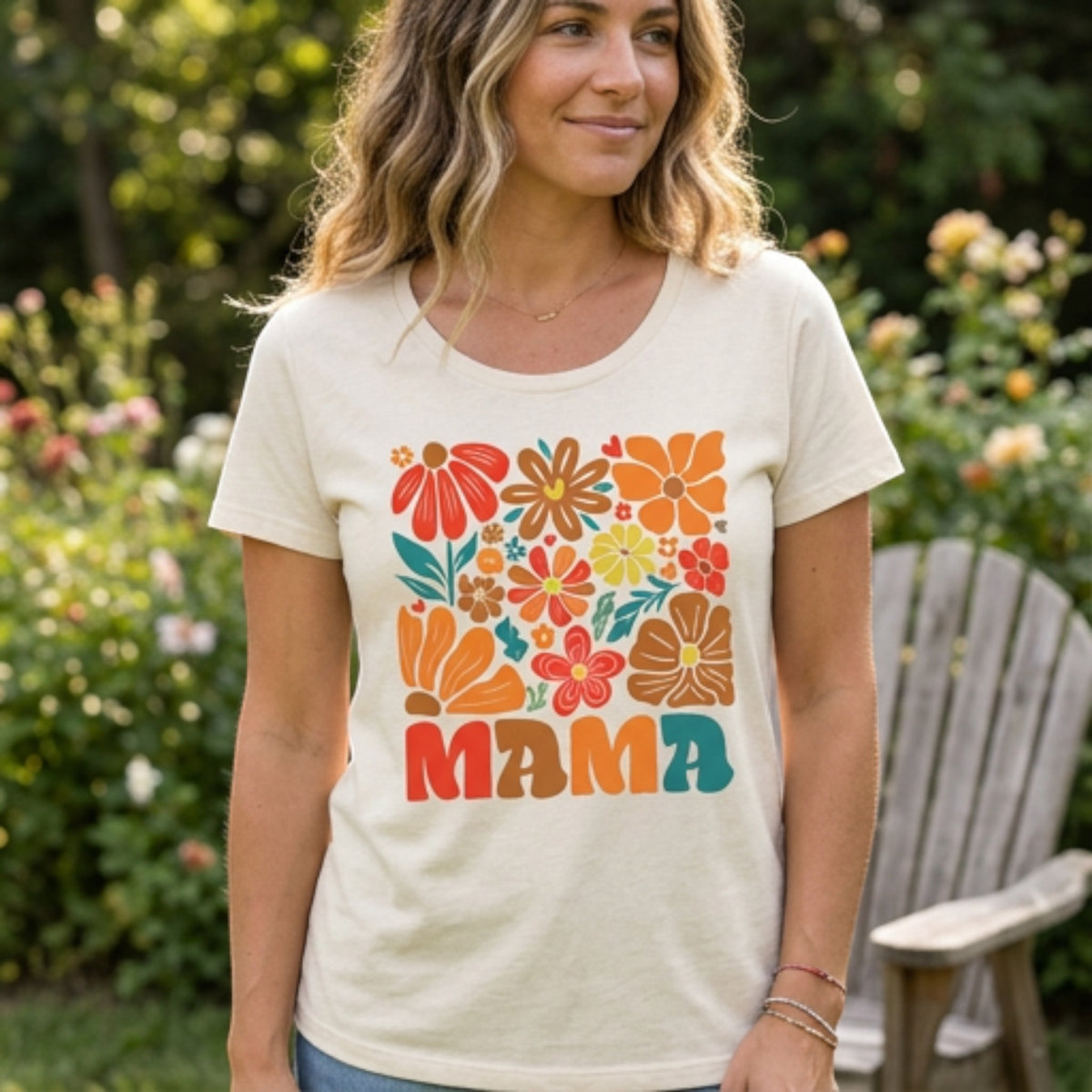 The Beauty Closet cream cotton crewneck t-shirt featuring a colorful retro floral Mama graphic print on a woman