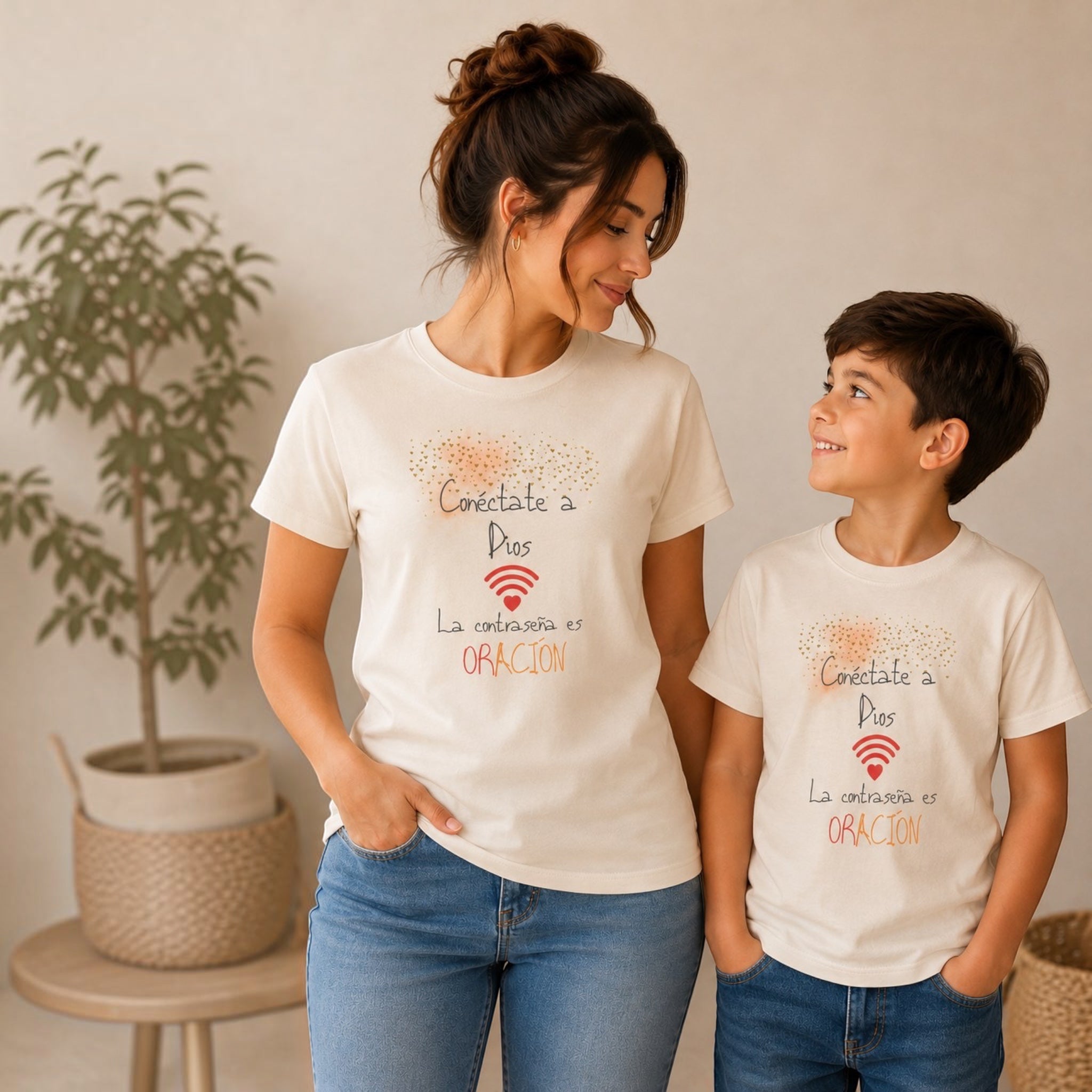 The Beauty Closet matching cream t-shirts for mother and son with religious graphic print and short sleeves