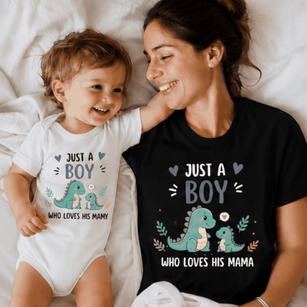 The Beauty Closet matching mother and son outfit with dinosaur graphic print on white baby bodysuit and black t-shirt
