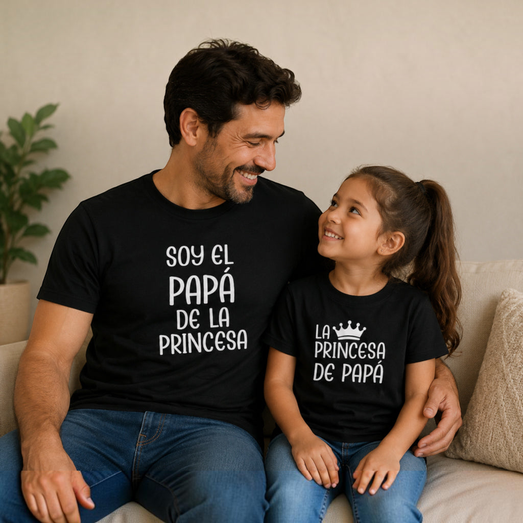 The Beauty Closet matching black cotton t-shirts for father and daughter with white printed text and crown graphic.