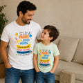 The Beauty Closet matching father and son t-shirts with colorful superhero-themed Spanish text and illustrations.
