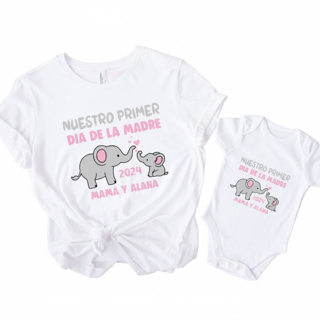 The Beauty Closet matching white mother and baby shirts with elephant print and custom text for Mother's Day