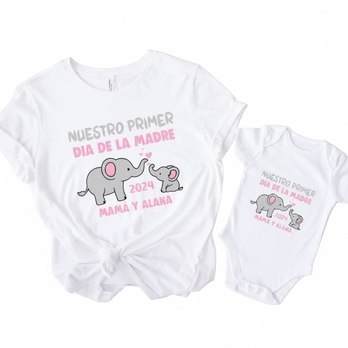 The Beauty Closet matching white mother and baby shirts with elephant print and custom text for Mother's Day