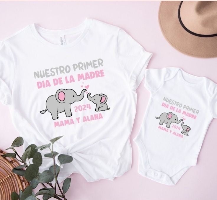 The Beauty Closet matching white mother and baby elephant print shirts for Mother's Day with custom names and date