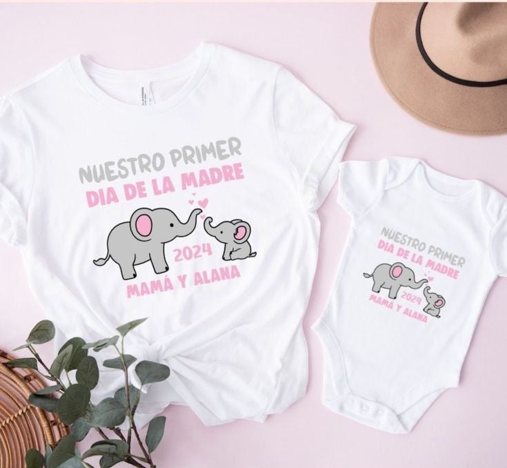 The Beauty Closet matching white mother and baby elephant print shirts for Mother's Day with custom names and date